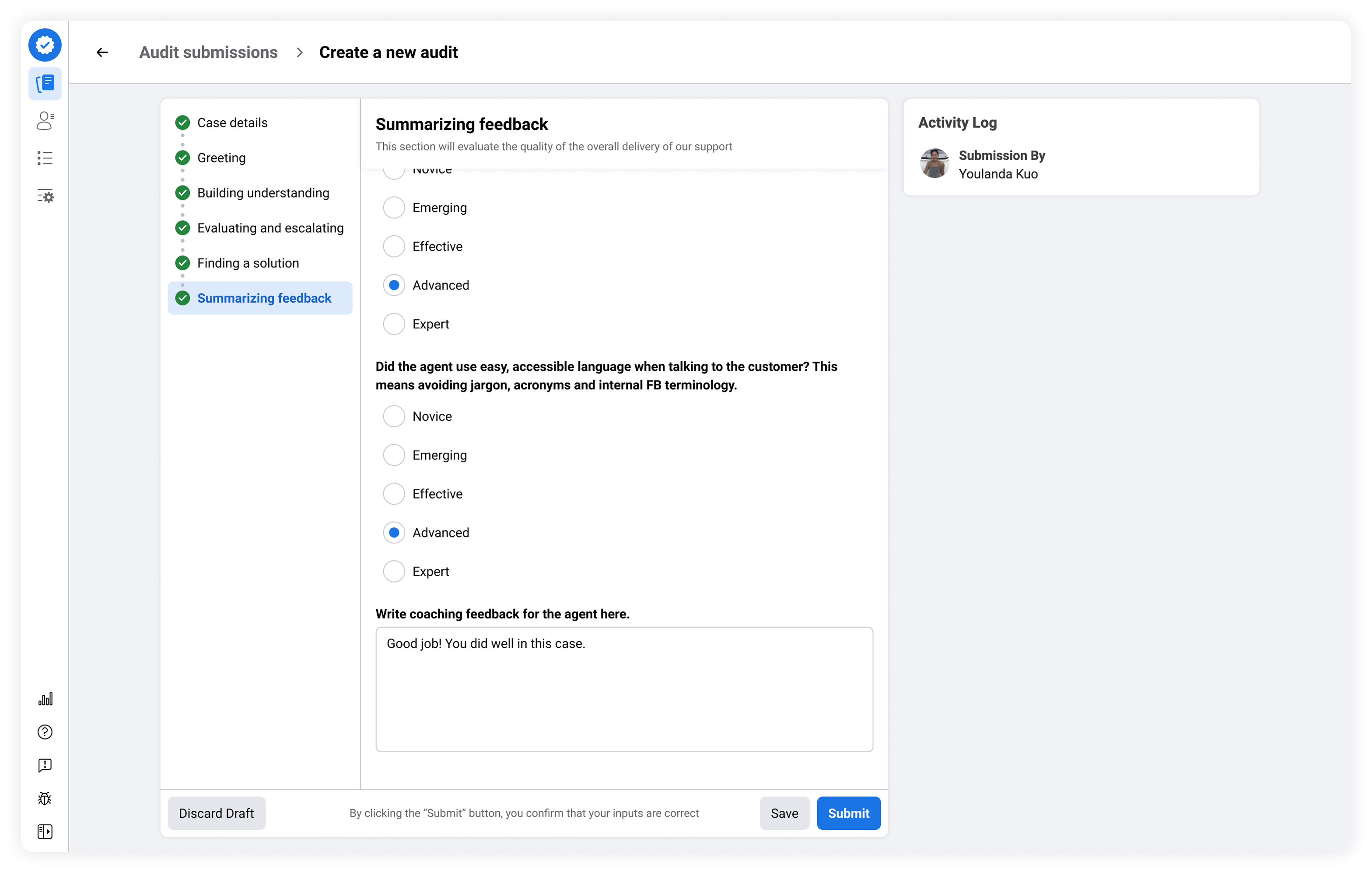 Screen of a senior agent auditing a support case